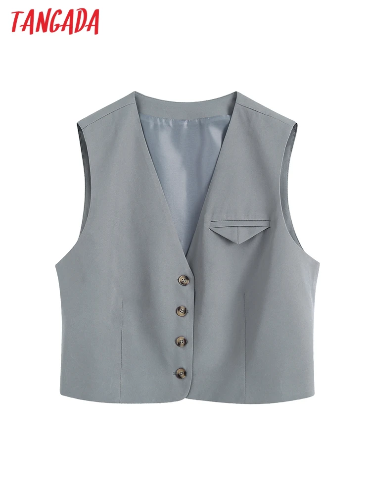 

Tangada Women 2022 Fashion Solid Crop Vest Sweater V Neck Sleeveless Female Waistcoat Chic Tops CE80