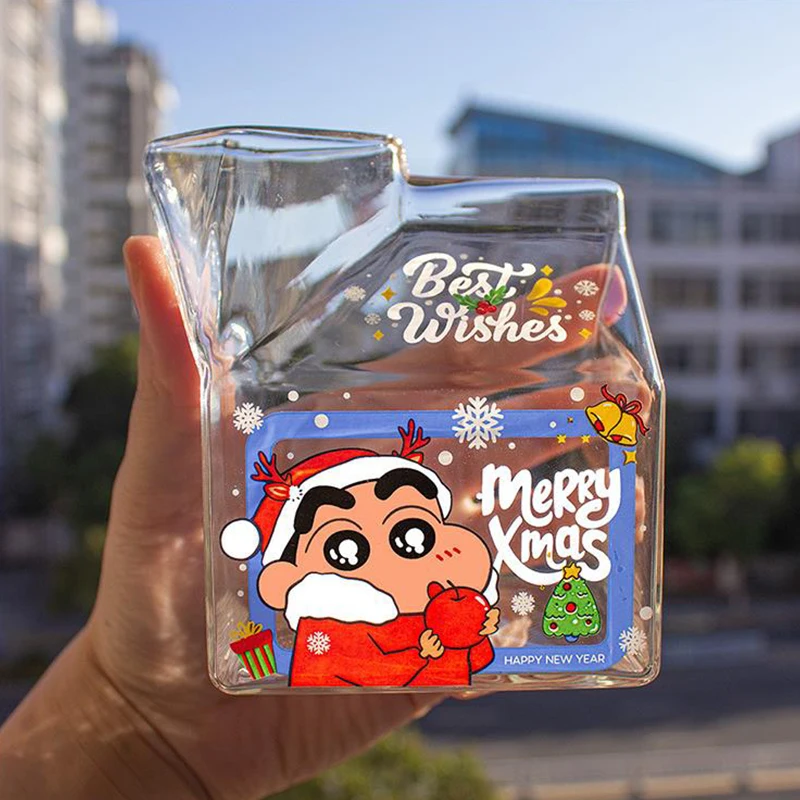 

Cute square water cup Christmas element cartoon glass lovers cup family breakfast milk straw cup birthday gift