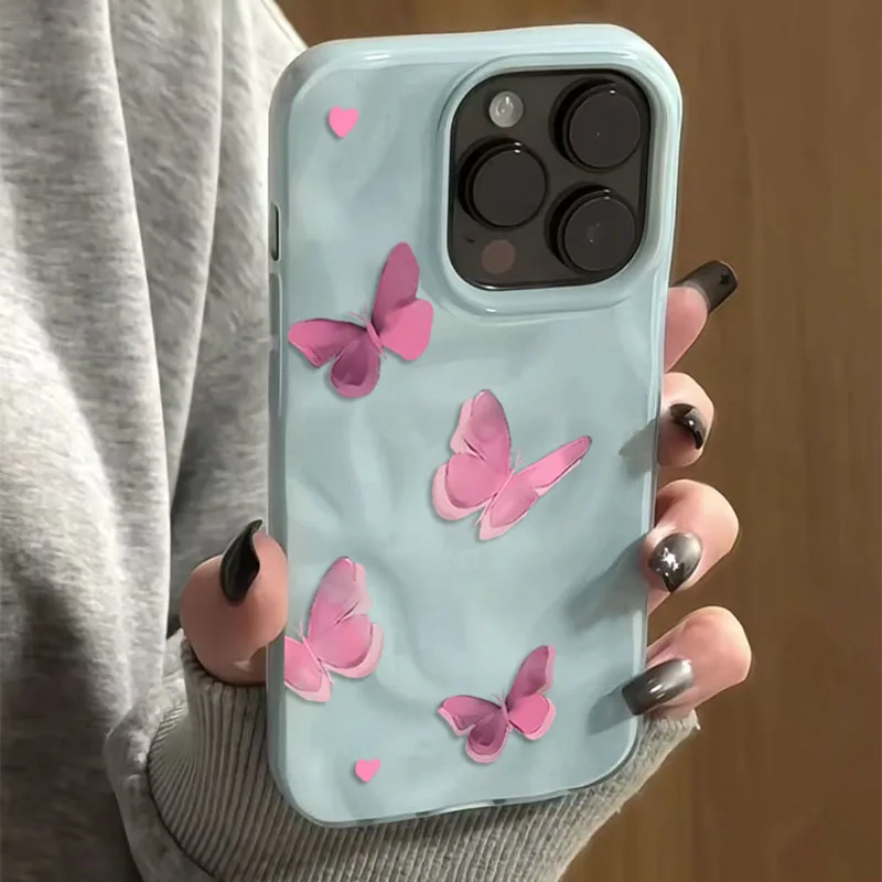 Фото Усовершенствованный чехол для телефона с розовой бабочкой для iPhone 17, 16, 15, 14, 13, 11, 12 Pro Max Plus 17, противоударный мягкий чехол с текстурой воздушного сложения №2