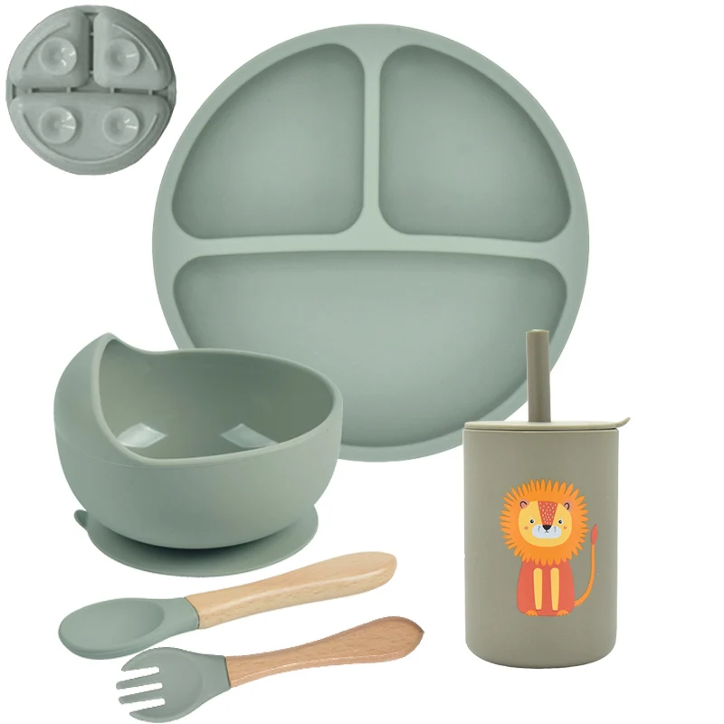 

5P Baby Silicone Tableware Set Divided Plate With Suction Bowls Straw Cup Wood Spoon Fork for Toddler Feeding Training Plate Set