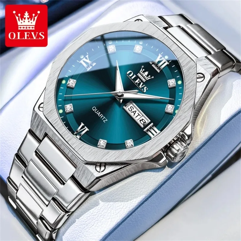 Фото Мужские спортивные кварцевые часы OLEVS 3736 Luxury Original, водонепроницаемые, с подсветкой, указателем дня недели и даты, в подарочной коробке, 2026 №1