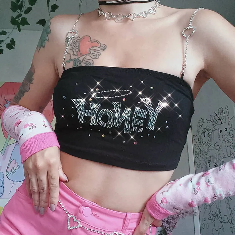 

Women's 2022 New Spring Sexy Letters Hot Drill Repair Belt Tube Top Top