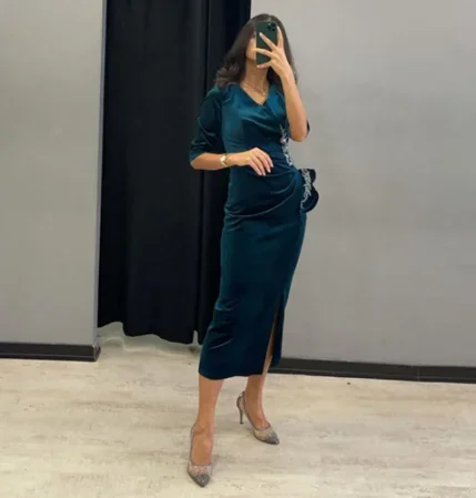 

Green Short V Neck Prom Dress Half Sleeves Side Slit Formal Party Gowns Robes De Soirée Vestidos Fiesta