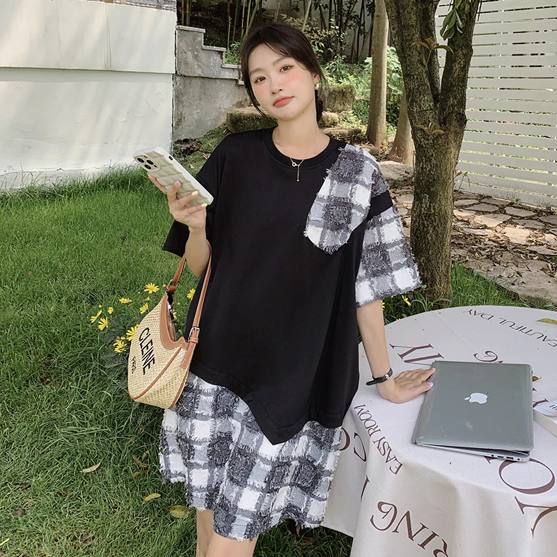 

Summer New Tassels Plaid Spliced Black T-shirt Dress for Women 2023 Short Sleeve O-neck Loose Casual Straight Mini Dresses 0916