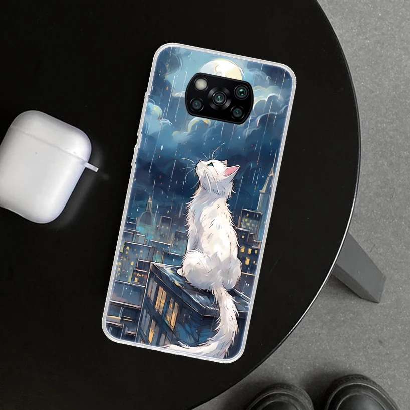 Чехол для телефона с рисунком аниме Кот дождь животные чехол Xiaomi Poco X6 X5 X4 X3 Nfc F6 Pro F5