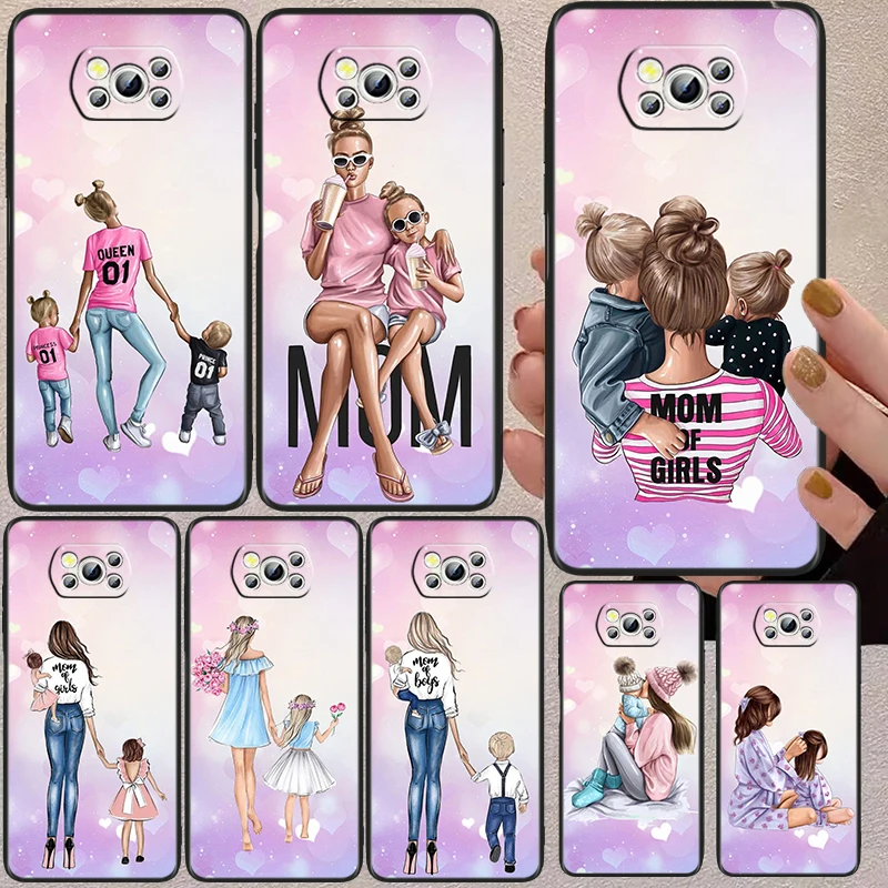 

Love Flower Mom Baby Black Phone Case For Xiaomi Mi Poco X5 X3 Pro X4 F4 F3 GT M5 M5s M4 M3 C55 C50 C40 5G