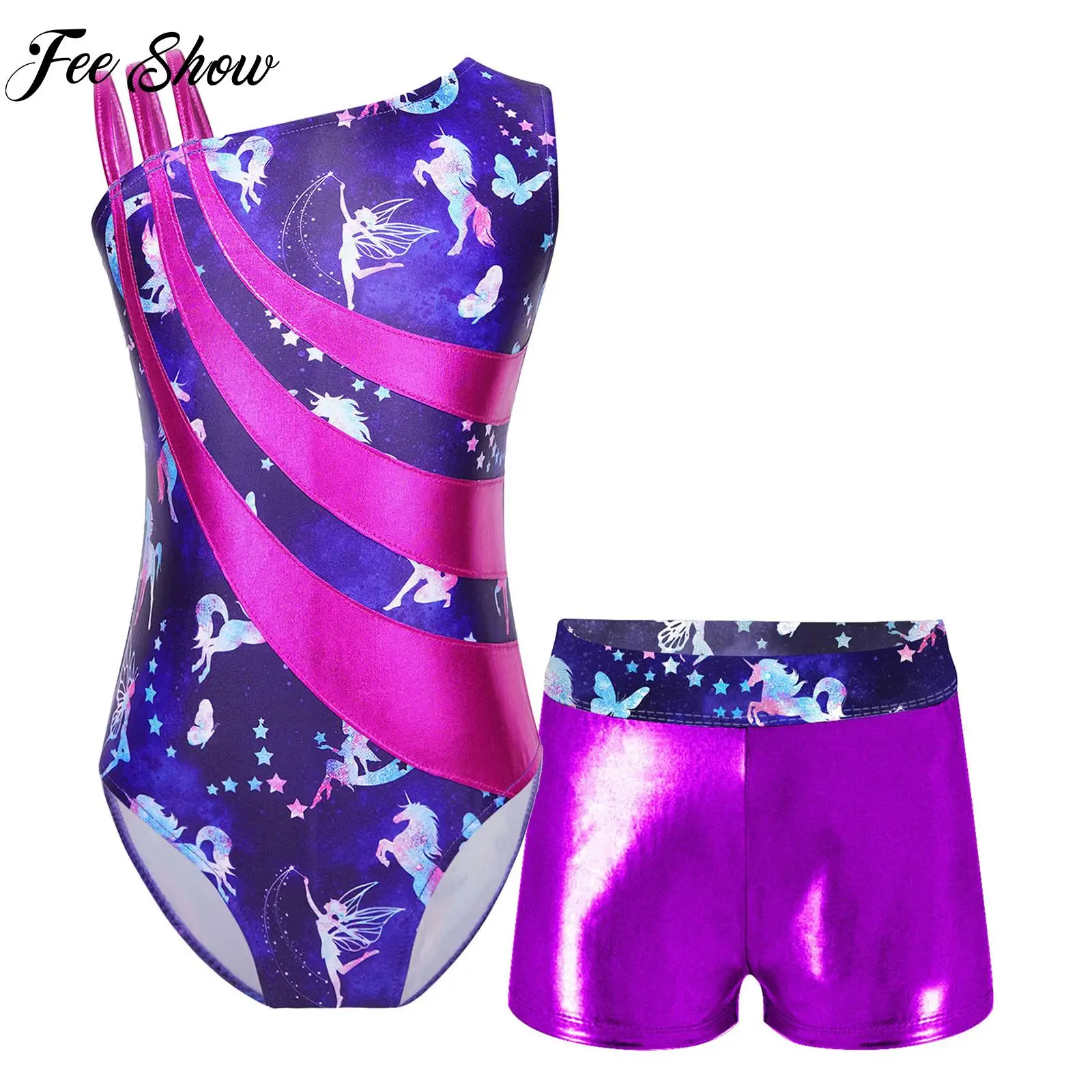

Kids Gymnastic Dancewear Shoulder Straps Printed Dance Costumes Bodysuit with Shorts Ballet Leotards for Girls Stage Performance