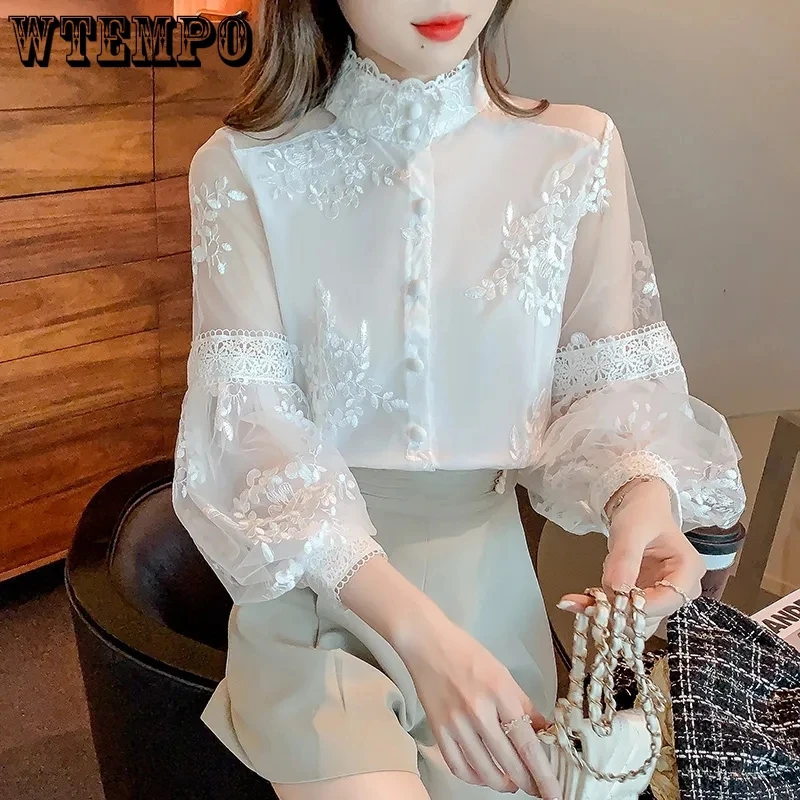 

Lace Chiffon Shirts Women Tops Streetwear Fashion Casual Solid Color Cardigan Female Blouse Summer White Shirt DropShipping 2023