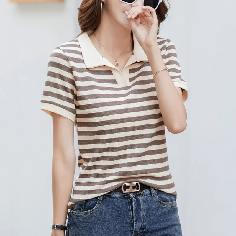 #0420 летняя полосатая футболка с отложным воротником тонкая короткая Женская