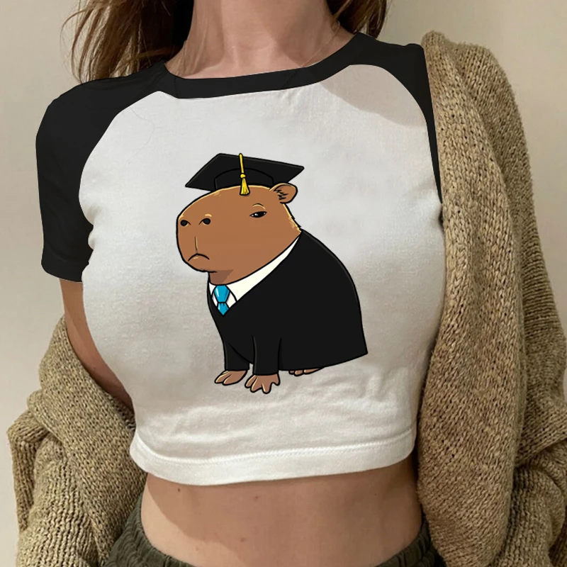 Capybara Graduation Graphic Tshirt Kawaii Capybara Hazmat Suit Print Women's Crop Tops Fashion Harajuku Y2K Female Short T Shirt