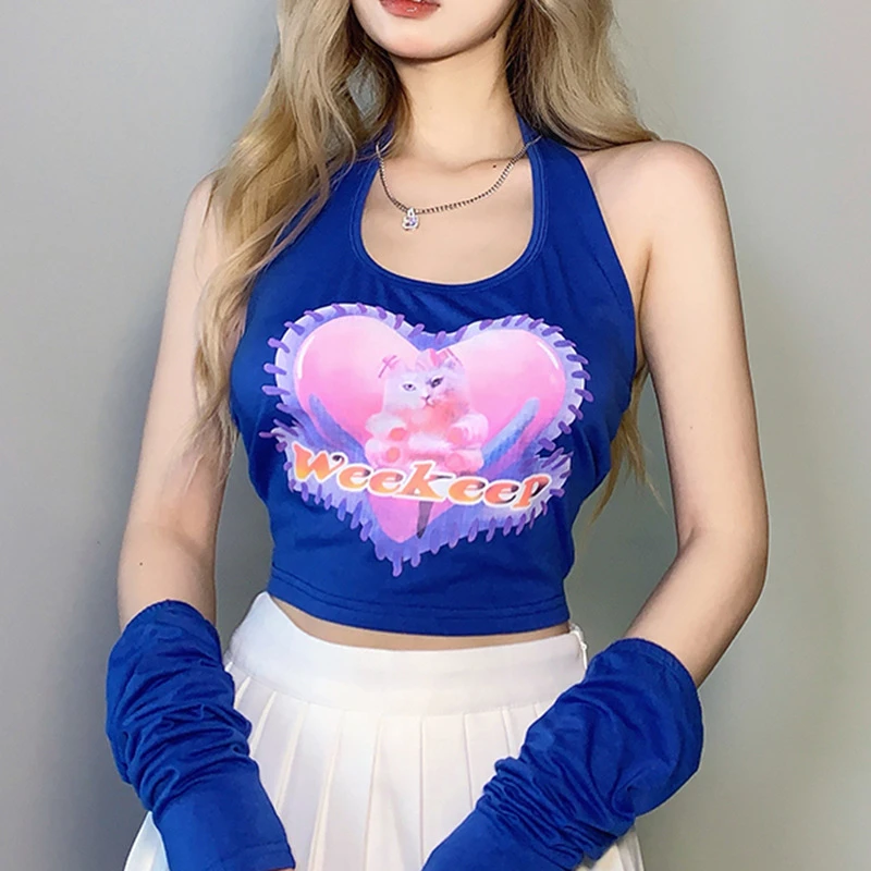 

Women Halter Tops Club Slim Sexy Gothic Print Cat Heart Letters Backless Fashion Crop Top Girl Skinny Tank Top with Oversleeve