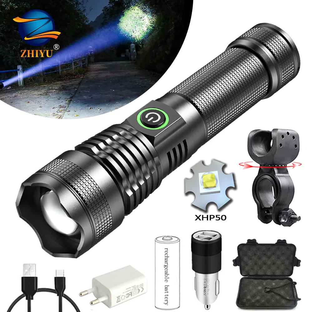 

ZHIYU Powerful XHP50 LED Flashlight Rechargeable USB Zoomable Torch Use 18650 26650 Battery LED Torch Hunting Lamp for Camping