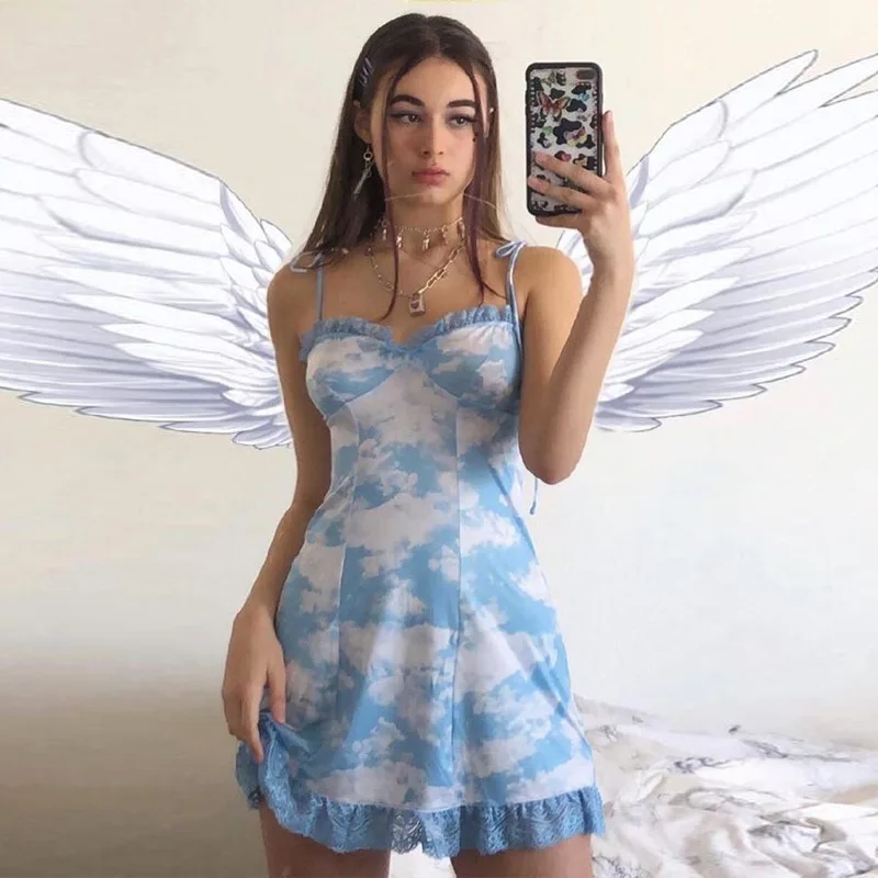 

Sexy Sweet Cute Vintage Straped Mini Dresses Women 2022 Summer Y2k Grunge Fairy Core Bandage Ruffle Printing Dresses vestidos