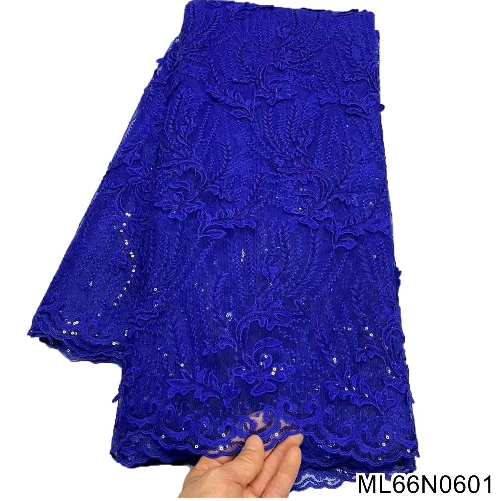 African Lace Fabric 2022 Latest Red Indian Sari Fabric High Quality Tulle Lace Fabric Blue Sequins for Wedding Dress ML66N06