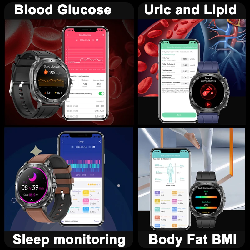 2024Новые умные часы медицинского класса NFC ЭКГ + PPG сахар в крови мочевая кислота