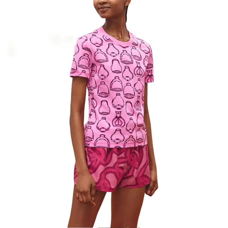 

2023ss summer new women's pure cotton round neck printed short-sleeved T-shirt y2k retro fashion casual stretch slim jersey top