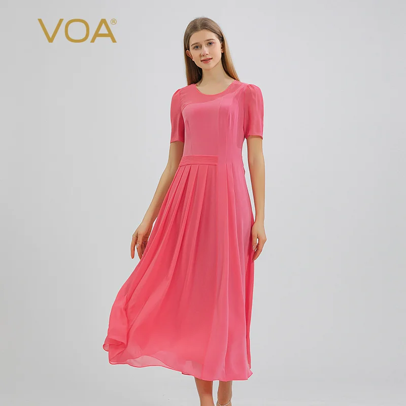 

VOA 30m/m Heavyweight Silk Patchwork Georgette Rose Red Dresses Women O-Neck Short Sleeve Asymmetric Design Pleated Dress AE1385
