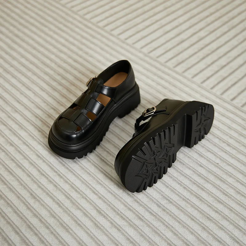 platform splite leather Women sandals hollowed Roman sandals