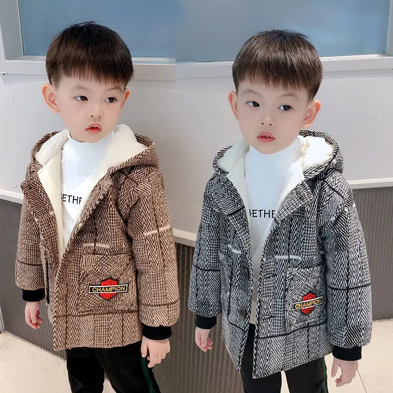 

Boys Coat Jacket Outwear Tops Cotton 2022 Plaid Thicken Plus Velvet Winter Autumn Plus Size Overcoat Children's Clothes