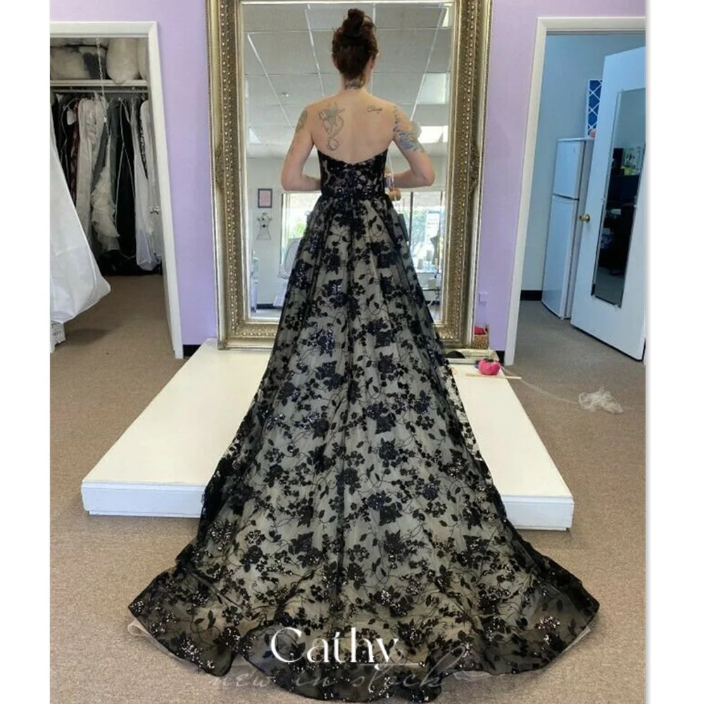 

Cathy Black A-line فستان سهرة Strapless Lace Embroidery Party Dresses Sexy Sweep Train Prom Dress 2023 Sweetheart Evening Dress