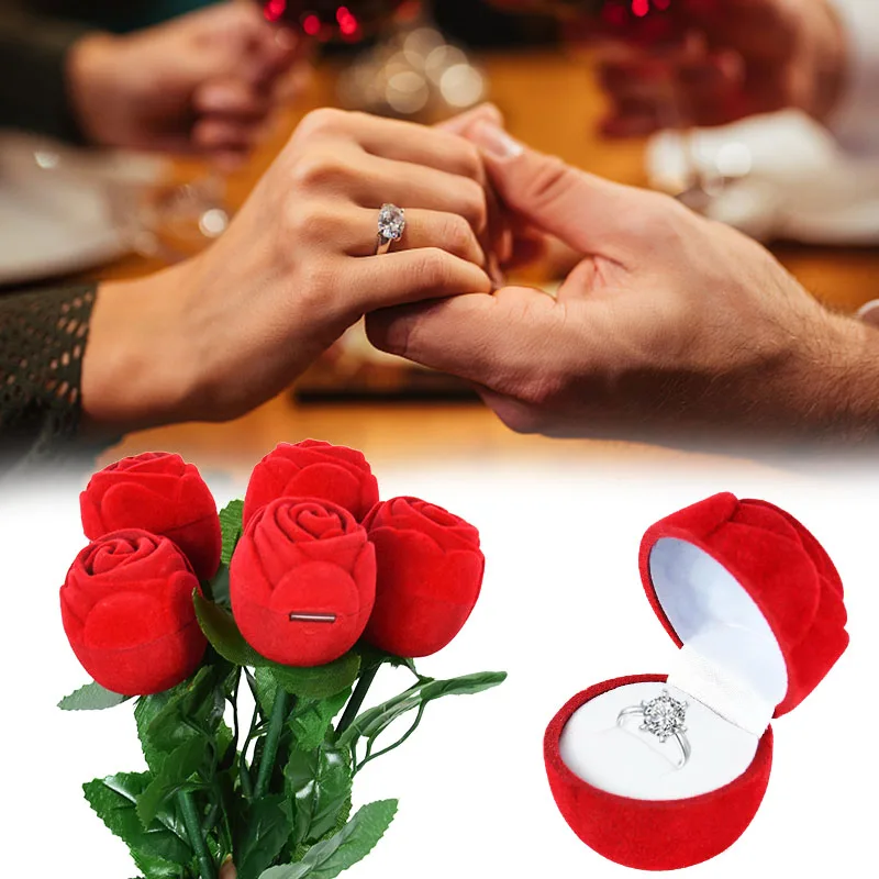 

Rose Wedding Ring Box Portable Artificial Flower Jewelry Storage Box For Valentine's Day Gift Engagement Surprise Party Supplise