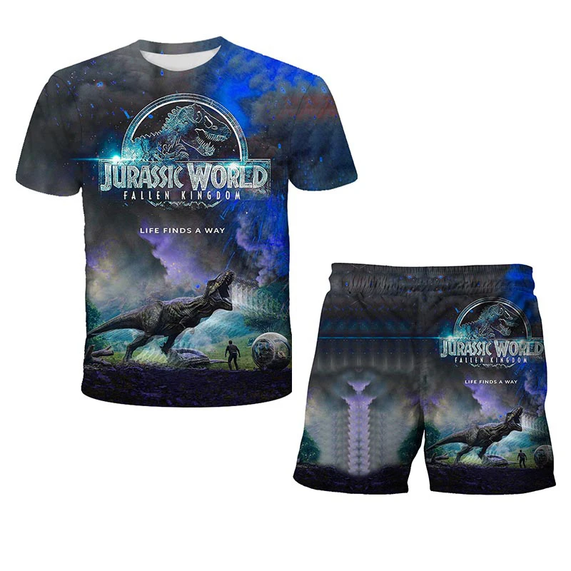 

Jurassic Park T-shirt kids 3D cartoon dinosaur print shorts suit JurassicWorld Boy T-shirt top + shorts 2-piece sports suit 3-14
