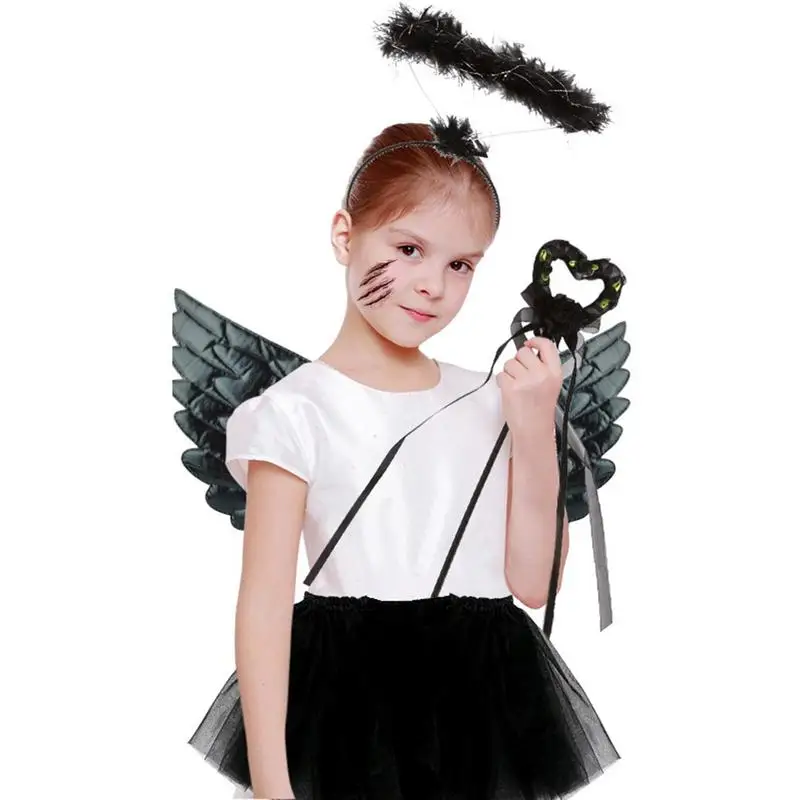 

Black Angel Halloween Costume Dark Angel Devil Wings Halo Dress Kit Novel Cosplay Supplies For Little Girls Masquerade Birthday