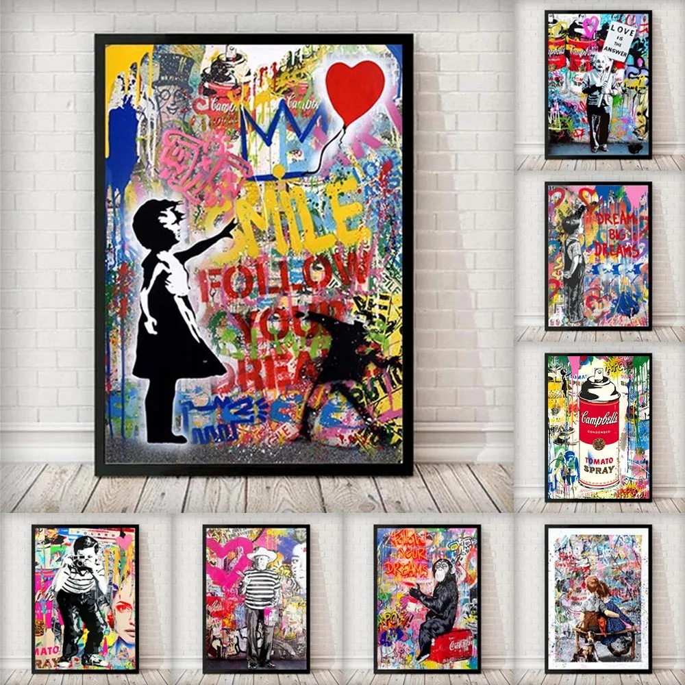

Бэнкси Стиль плакат граффити улица поп стена искусство девушка с воздушным шаром холст живопись абстрактные фотографии печать для домашне...