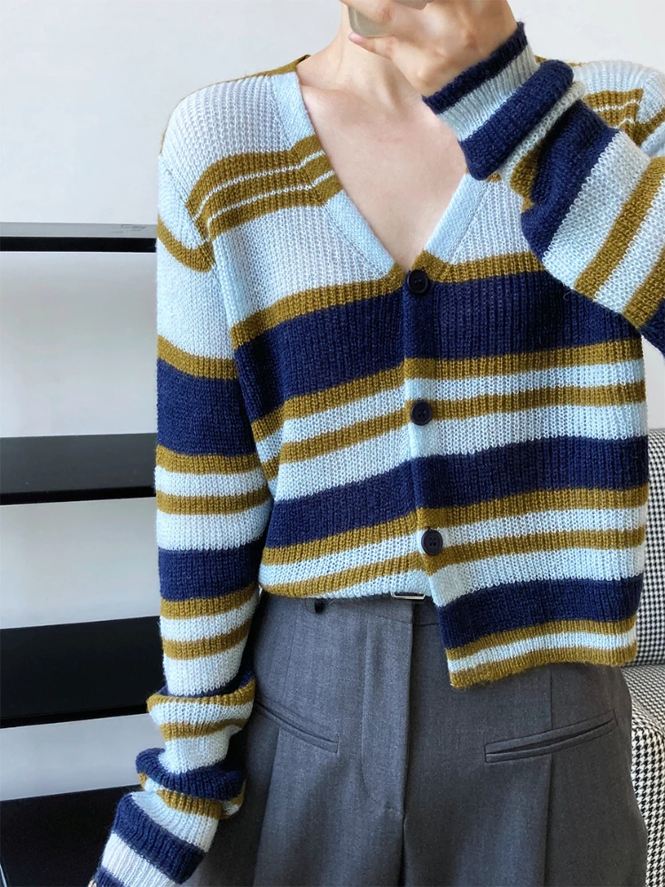 

GOPLUS Cardigan Women Korean Style Sweater Long Sleeve Striped Kitted Top Blue V-Neck Cardigans Gilet Femme Manche Longue C11960