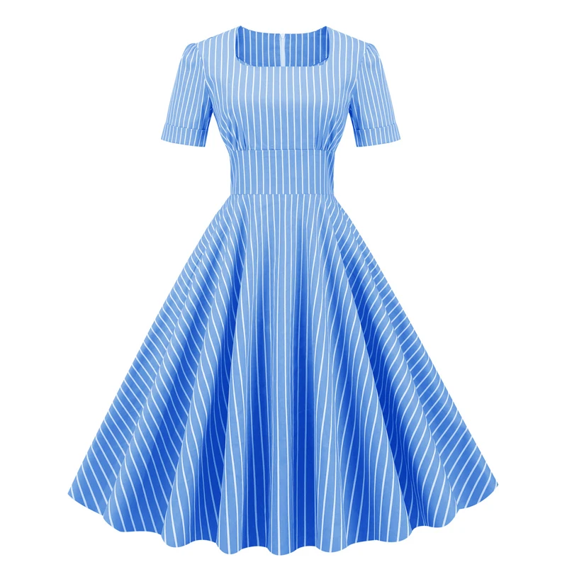 

2022 Fashion Women Short sleeve Vertical Striped Printed Casual Party Vintage Retro 50s Skater Dress