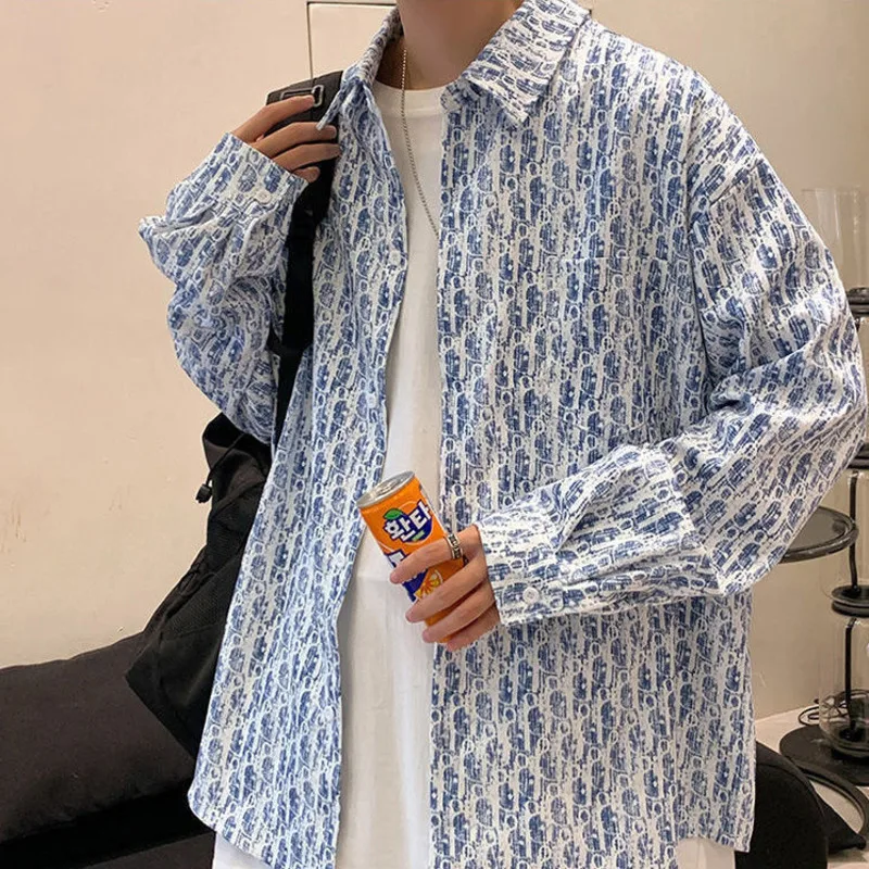 

Autumn Full Printed Long Sleeved Male Shirt Men's Minority Leisure Inch Shirt Versatile Social Designer Casual Shirts Street