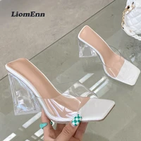 2022 summer pvc transparent slippers women slides outdoor casual square toe clear heels slippers for women sandals party shoes