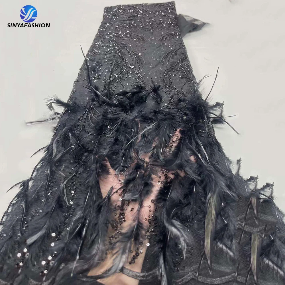 

Sinya New Design French Mesh Lace Fabric Dress With Sequins 3D Feather Ankara African Lace Fabric Senegal Dress For Wedding