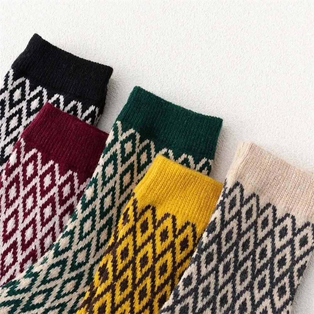 5 Pairs New Fashion Colorful Thickened Warm Women's Wool Socks Ethnic Style Diamond Bright Casual Women Socks