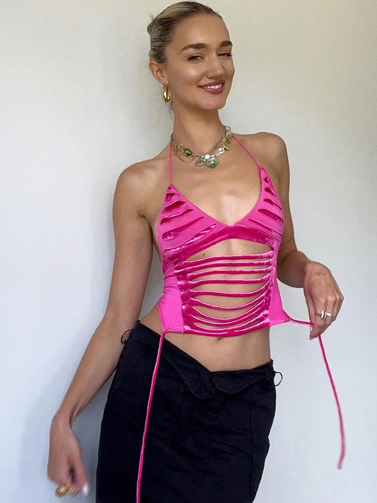 

Whatiwear Women's Short Top Hollow Sleeveless Design Neck Wrap Pink Hot Girl Trendy Nightclub Style Slim Beach Summer Halter