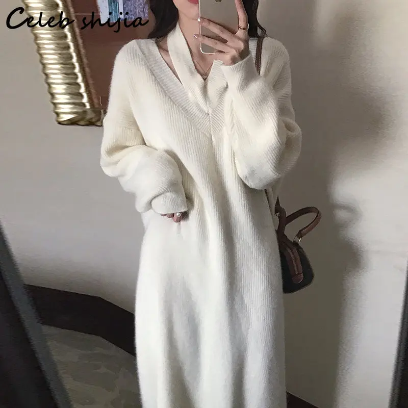 

Beige V-neck Wool Dress Women 2022 Autumn Oversized Elegant Long Knitwear Ladies Korean Party Knitted Vestido Winter