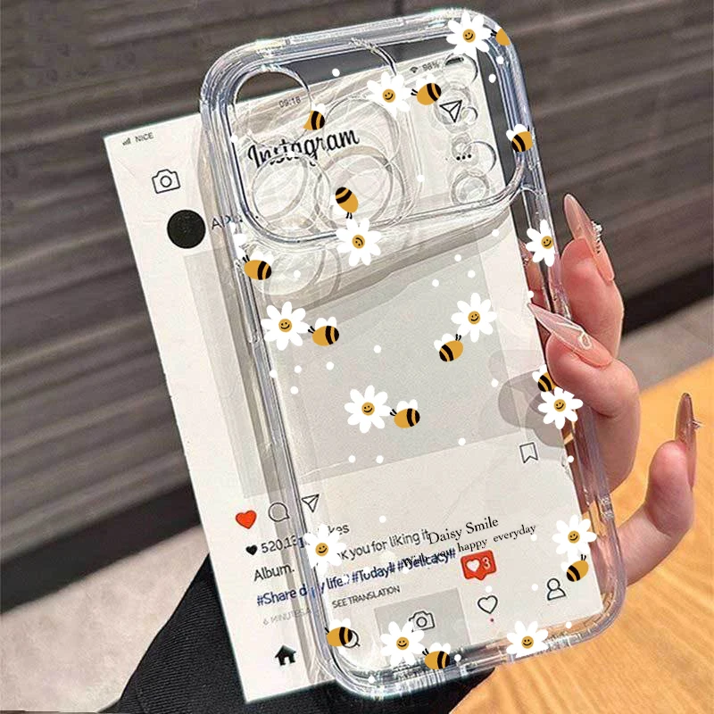 Фото Чехол для iPhone 17, 16 Pro Max, 11, 15, 12, 14 Plus, 13 Mini, 17 Air, 16E с летним цветочным принтом и пчелами, прозрачный №1