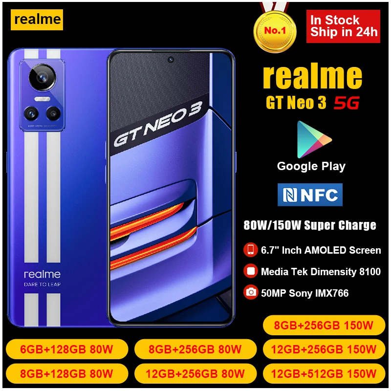 realme GT NEO 3 5G Mobile Phone 80/150W Super Charge Dimensity 8100 Smartphone 120HZ AMOLED Screen 4500mAh NFC Game Cellphone