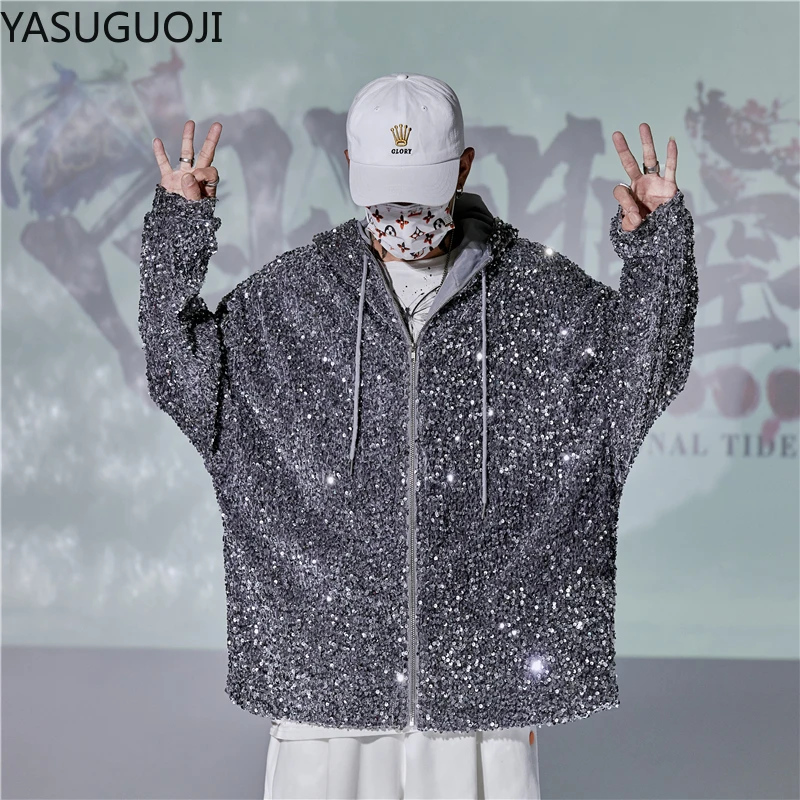 YASUGUOJI New 2022 Fashion Men's Sequined Jackets Bling Glitter Bomber Jacket Coat Hip Hop Tops Singer Nightclub Clothing Man