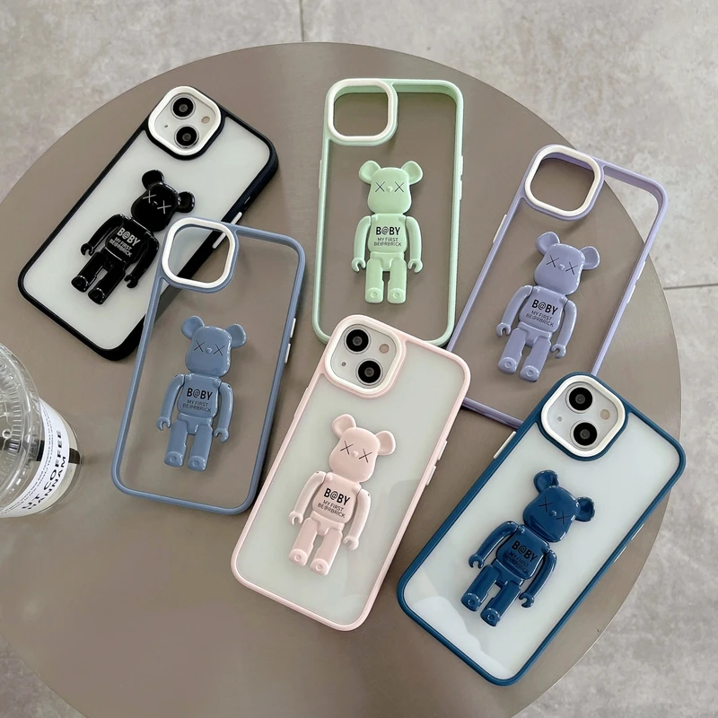 

Luxury Candy Color Violent bear Holder Stand Phone Case For iPhone 11 12 13 Pro Xs Max Xr X 7 8 Puls SE 2 Transparent Hard Cover