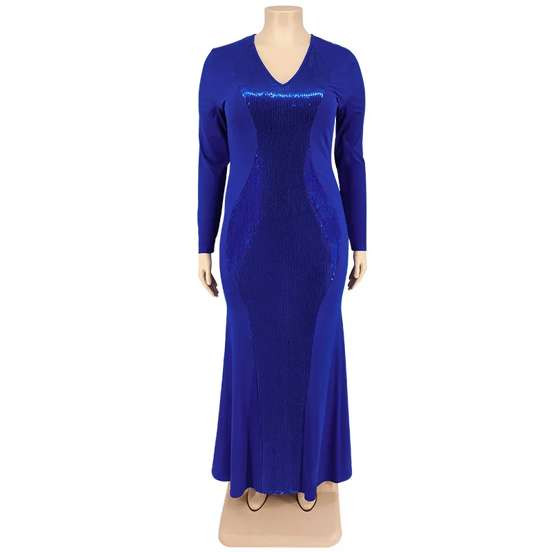 Plus Size Evening Dress Dress 5xl V Neck Long Sleeve Sequin Tight Fishtail Skirt 2022 Fall Winter Women's Party Sexy Long Dress