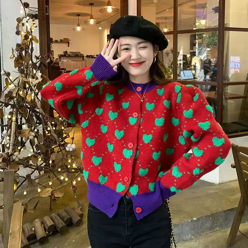 

Love Print Cardigan Jacquard Knitted Sweater Women Loose Short Knitted Jumper Korean Women Jacket Outerwear 2022 Autumn Winter