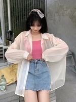white pearl sunscreen blouse 2022 new summer thin perspective super fairy chic cardigan chiffon top