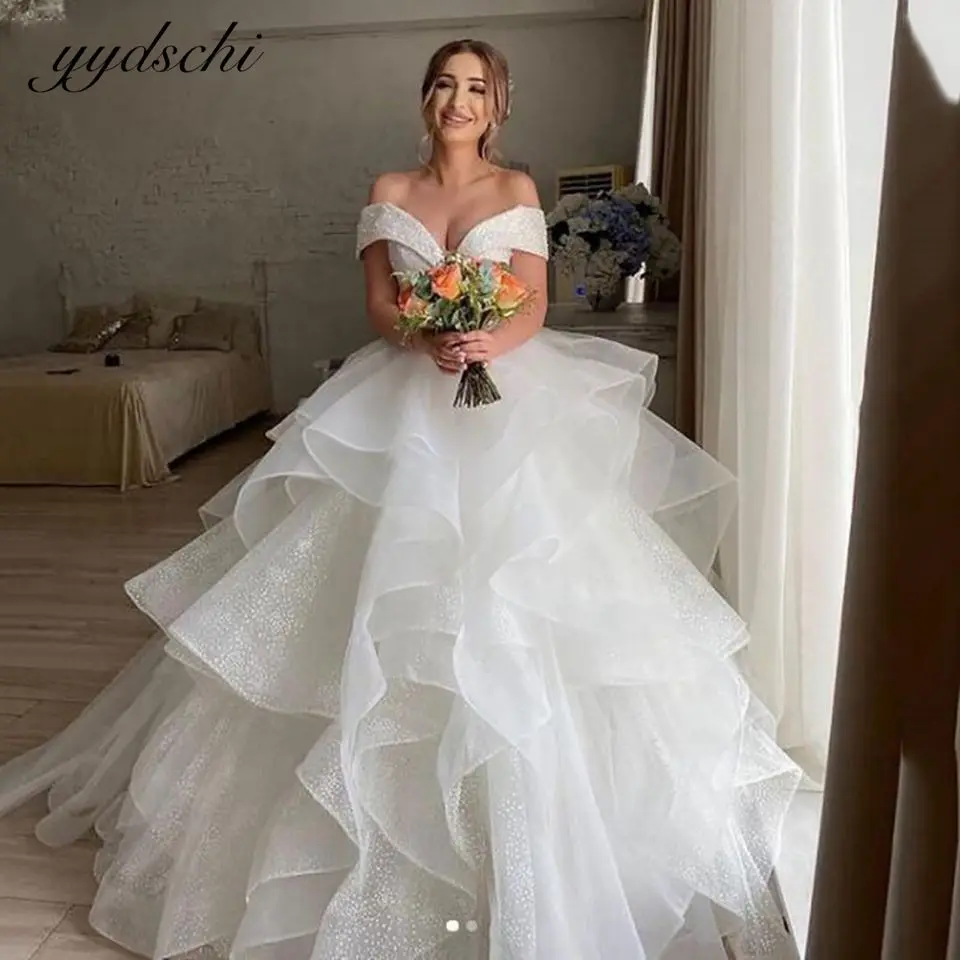 

2022 White/Ivory Princess Wedding Dress For Women Glitter Tulle Off The Shoulder Bridal Gown Shiny Vestidos De Novia
