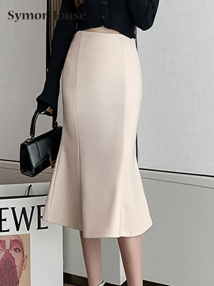 

Юбка Женская средней длины с завышенной талией, Модная элегантная офисная черная юбка-годе с поясом на резинке, весна-лето-осень