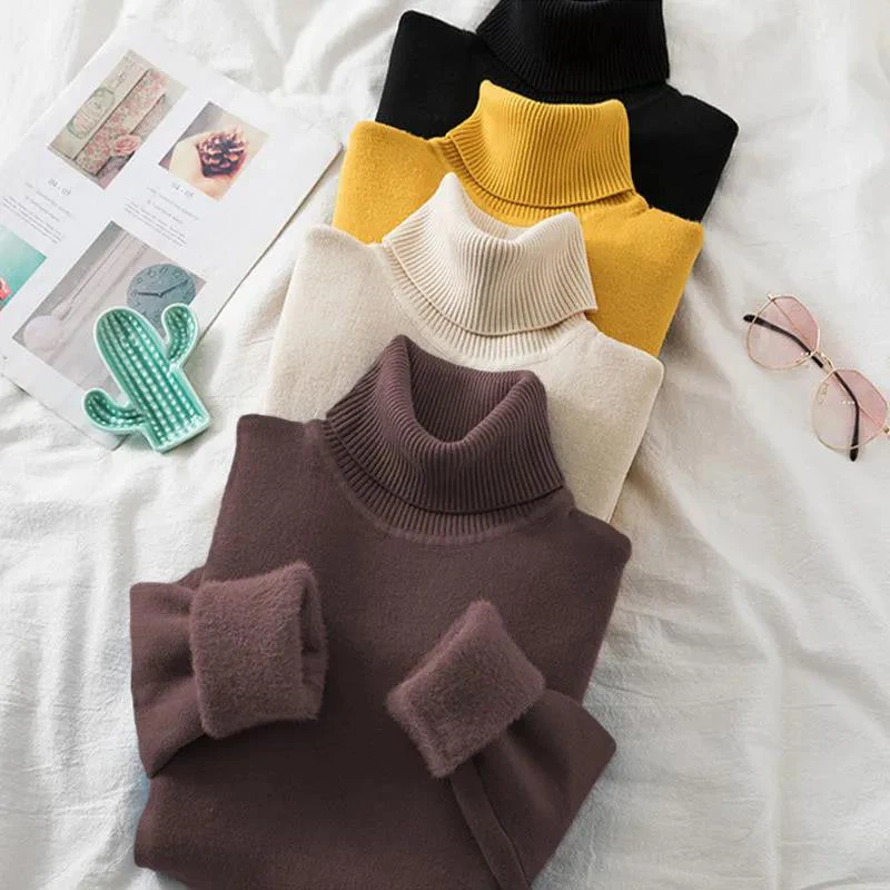 

New-Coming Autumn Winter Tops Solid Turn-Down Collar Pullovers Female Thick Turtleneck Knitted High Street Women Sweater