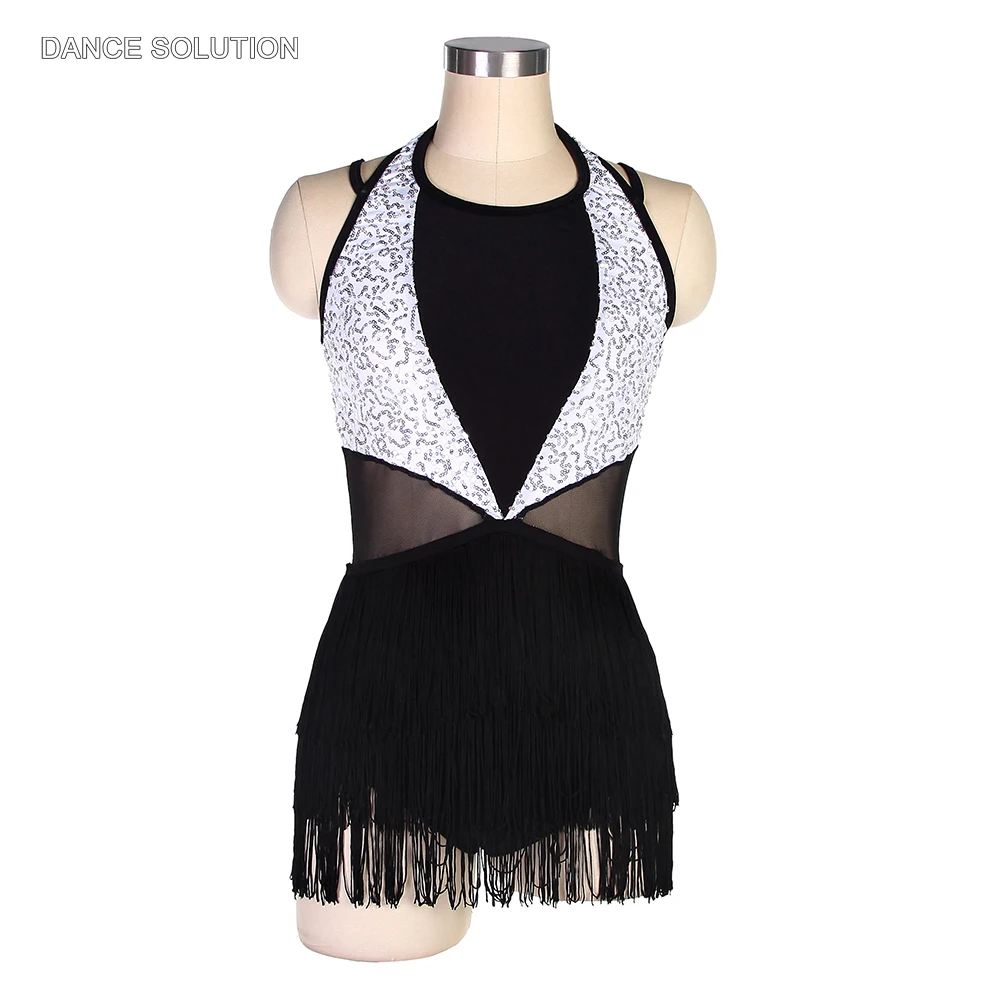 Черный спандекс с белыми блестками лиф Джаз танцевальный костюм кисточкой Skir для