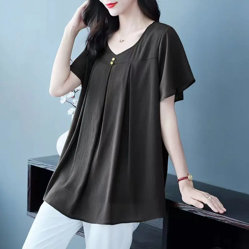 

Simplicity Casual Solid Color V-Neck Women's T-shirt Fashion Loose All-match Short Sleeve Patchwork Tops Summer Female Clothing