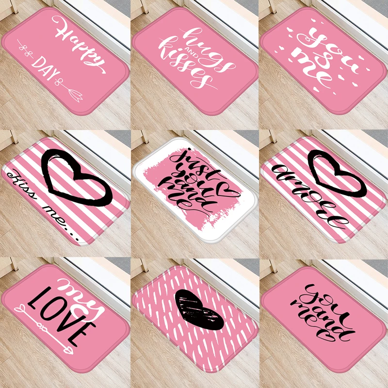 

Pink Love Printed Flannel Floor Mat Bathroom Decor Carpet Love Heart Non-Slip for Living Room Kitchen Welcome Doormat