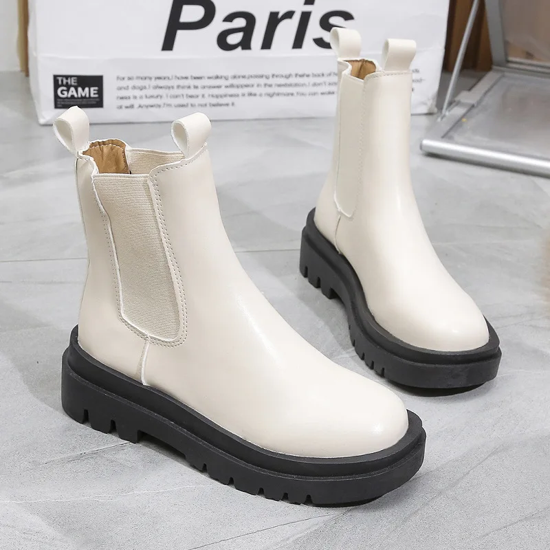 

Boots Women Autumn Stretch Cloth Black Gothic Shoes White Leather Punk Chelsea Mid Calf Square Heel Botas De Mujer